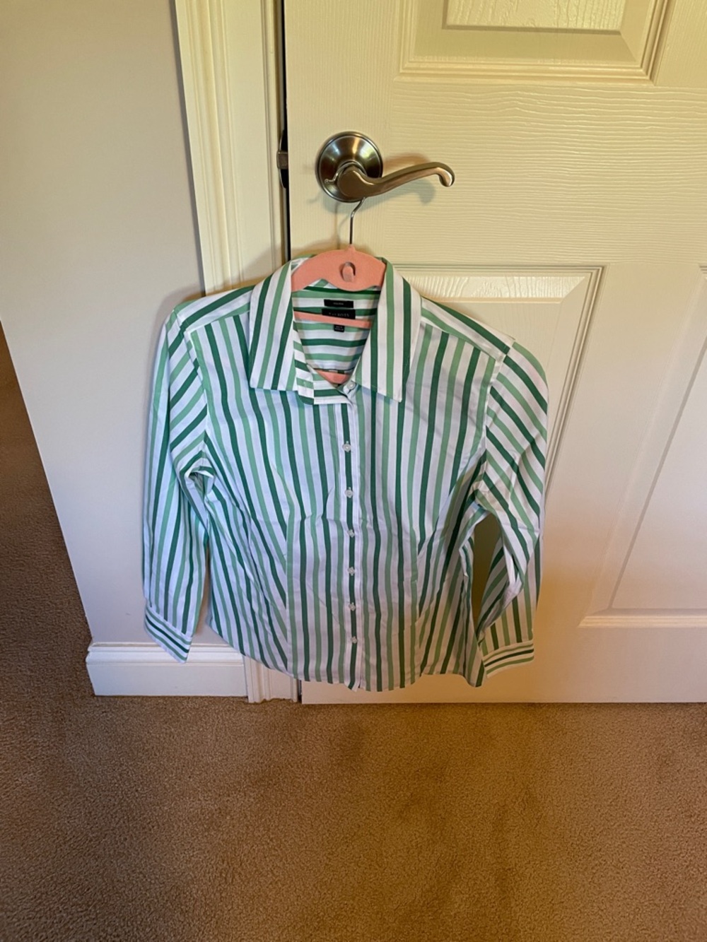 Talbots Green and White Vertical Stripe Button-Down Shirt